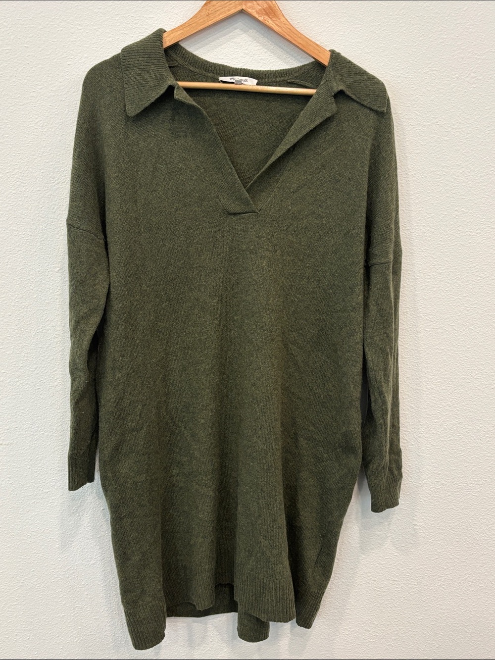 Madewell Merino Wool Oversized Olive Green V-Neck Collared Sweater Women M